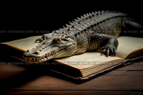 Крокодил ползёт по страницам книги. Рассказы о животных. Стоковое AI-изображение, AI-художник Татьяна Бакуменко / Фотобанк Лори
