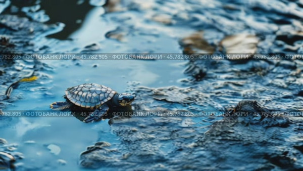 Крупный план детеныша черепахи вблизи загрязненной поверхности воды после катастрофы. Черепаха в мазуте. Стоковое AI-видео, аниматор Терехова Марина / Фотобанк Лори