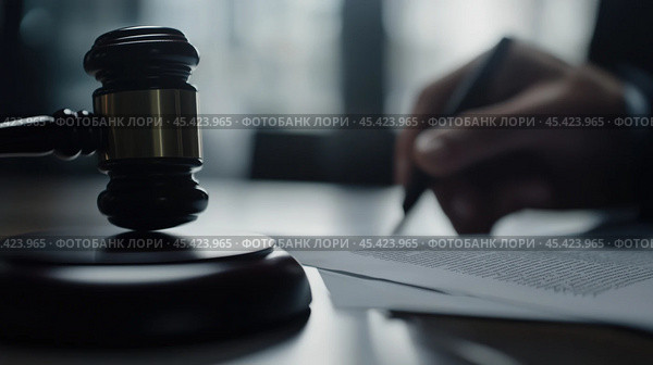 Крупный план молотка судьи и юридических документов, символизирующих власть, решение и судебные разбирательства в зале суда. Стоковое AI-изображение, AI-художник ФотоИнтеллект / Фотобанк Лори
