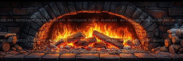 Крупный план пылающего огня в массивном каменном камине. Языки пламени поднимаются вверх, создавая завораживающую игру света и тени. Стоковое AI-изображение, AI-художник Ярославский Максим / Фотобанк Лори