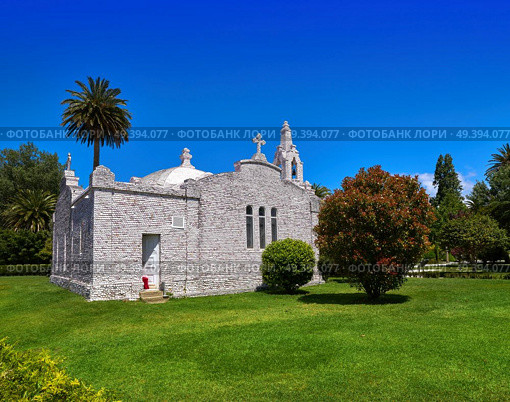 La toja island Toxa Chapel made of sea shells in Pontevedra Galicia Spain. Стоковое фото, агентство Ingram Publishing / Фотобанк Лори