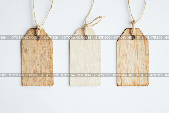 Label tag mockup. Wooden tag set hanging isolated on white background. Blank Gift or Price Tab with string cord knot. Price Label With Rope. Empty space for text. Price labeling or gift tagging. Sale. Стоковое AI-изображение, AI-художник Марина Демидюк / Фотобанк Лори