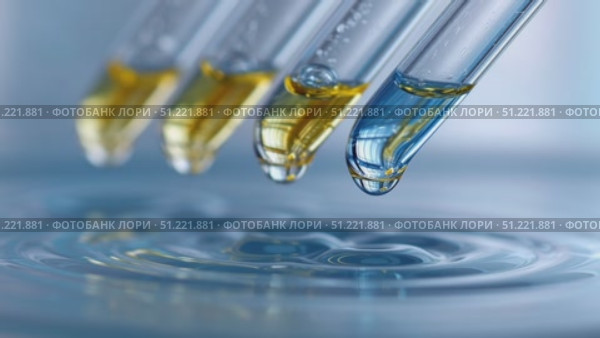 Laboratory pipettes releasing vibrant liquid droplets, creating rippling concentric patterns with scientific precision across reflective water surface. Стоковое AI-видео, аниматор Юрий Поздников / Фотобанк Лори