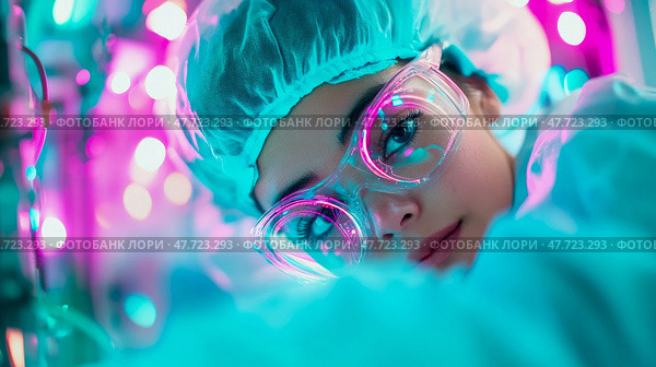 Laboratory Research: Woman in Protective Gear Examining Specimens, Science and Healthcare. Стоковое AI-изображение, AI-художник Данила Большаков / Фотобанк Лори