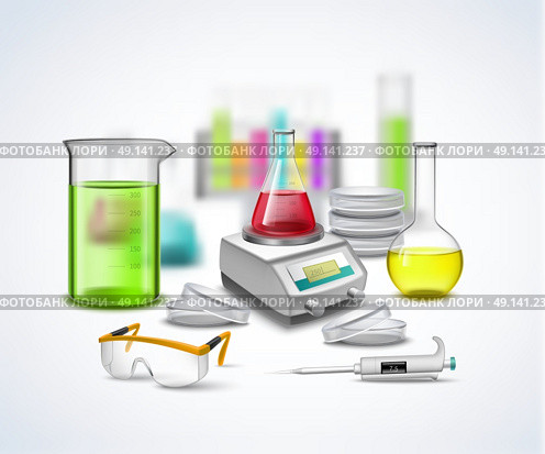 Laboratory Stuff Composition. Chemical equipment composition with pulser scales realistic colorful symbols of bottles with liquids flat vector illustration. Стоковая иллюстрация, агентство Ingram Publishing / Фотобанк Лори