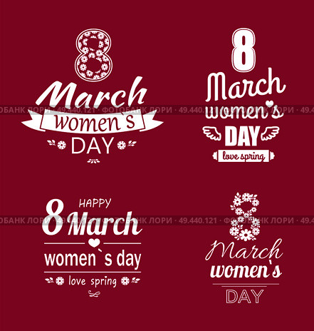 Ladies day love spring 8 March calligraphy prints dedicated to International holiday, decorated by heart and flowers vector greeting cards on pink. Ladys Day Love Spring 8 March Calligraphy Prints. Стоковая иллюстрация, агентство Ingram Publishing / Фотобанк Лори