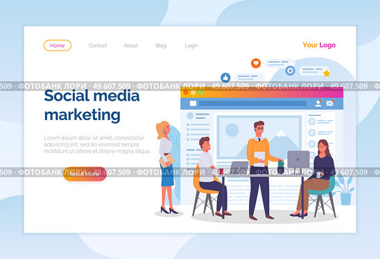 Landing page of business website. Social media marketing. Social network development. Team of workers increase popularity of social website. Marketologists working with computers, flat style. Social media marketing, social network development, teamwork, people with computers, marketologists. Стоковая иллюстрация, агентство Ingram Publishing / Фотобанк Лори