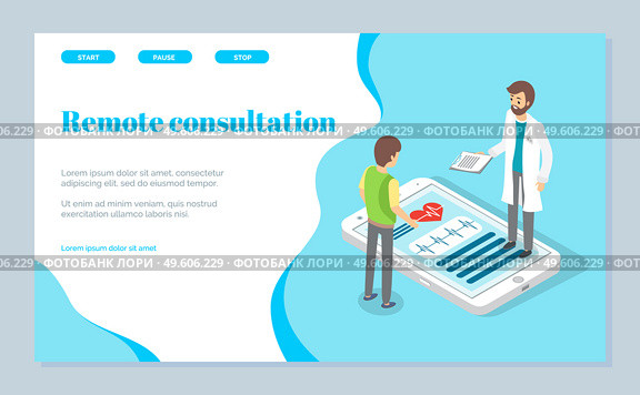 Landing page of remote medical consultation. The beginning of consultation and the end. online medicine concept. Doctor is standing on a huge smartphone screen and examining to a patient. Flat image. Doctor remotely consults a patient. Huge smartphone screen with cardiogram and heart. Heart care. Стоковая иллюстрация, агентство Ingram Publishing / Фотобанк Лори
