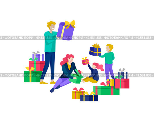 Landing page template greeting card winter Holidays. Merry Christmas and Happy New Year Website. People Characters family give present, unpack gift on background of christmas tree. Landing page template greeting card winter Holidays. Merry Christmas and Happy New Year Website. People Characters family give present, unpack gift on background. Стоковая иллюстрация, агентство Ingram Publishing / Фотобанк Лори
