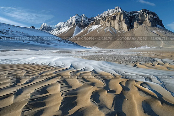 Landscape of antarctic dry valley, area free of snow and ice in the otherwise ice-covered continent. Стоковое AI-изображение, AI-художник Евгений Харитонов / Фотобанк Лори