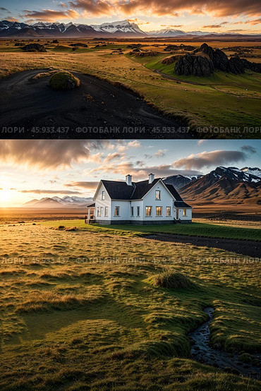 Landscape of Icelandic countryside with typical view of turf-top white house at sunset sky. Scenery of dramatic summer sunrise in Iceland or Norway, traveling. Severe north concept. Copy ad text space. Стоковое AI-изображение, AI-художник Aleksandr Golubev / Фотобанк Лори