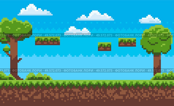 Landscape page of pixel game, green trees and bushes, cloudy sky, underground and grass, road with steps, adventure platform, nobody poster vector. Pixeleted background for video-game or app 8bit game. Adventure Map, Pixel Game, Green Nature Vector. Стоковая иллюстрация, агентство Ingram Publishing / Фотобанк Лори