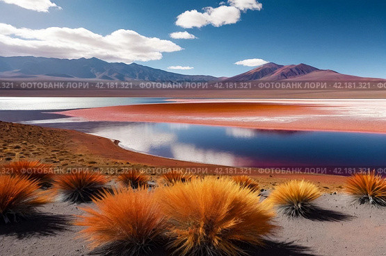 Landscape photo of Laguna Colorada lake with dry vegetation at Andes mountains background. Scenery view of Bolivia in natural wilderness. Bolivian nature landmarks concept. Copy ad text space, poster. Стоковое AI-изображение, AI-художник Aleksandr Golubev / Фотобанк Лори