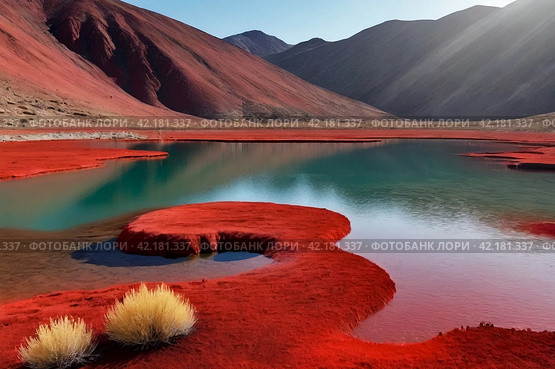 Landscape photo of Laguna Colorada red lake with dry vegetation and geysers at Andes mountains. Scenery view of Bolivia in natural wilderness. Bolivian nature landmarks concept. Copy ad text space. Стоковое AI-изображение, AI-художник Aleksandr Golubev / Фотобанк Лори
