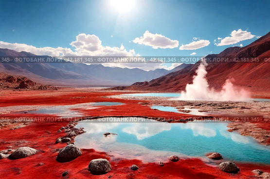 Landscape photo of Laguna Colorada red lake with dry vegetation and geysers at Andes mountains. Scenery view of Bolivia in natural wilderness. Bolivian nature landmarks concept. Copy ad text space. Стоковое AI-изображение, AI-художник Aleksandr Golubev / Фотобанк Лори