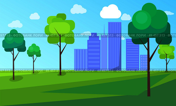 Landscape scenery of city park with green trees and skyscrapers on background vector illustration. Buildings in ecologically clean environment. Landscape Scenery of City Park with Green Trees. Стоковая иллюстрация, агентство Ingram Publishing / Фотобанк Лори