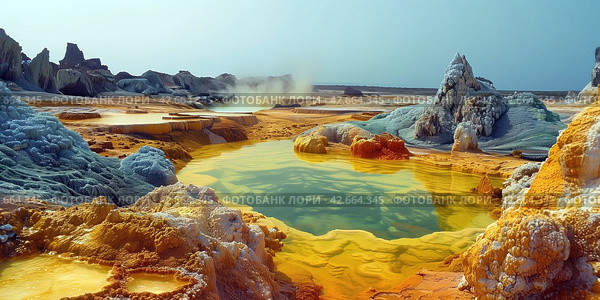 Landscape with mineral deposits around a hot hydrothermal water outlet in a volcanic region. Стоковое AI-изображение, AI-художник Евгений Харитонов / Фотобанк Лори