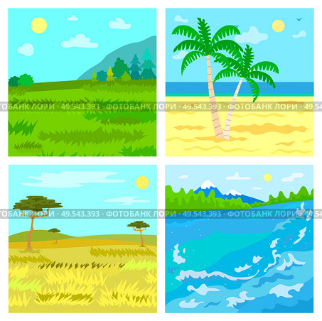 Landscapes, savannah and river, steppe and beach, traveling vector. Meadow and sea shore, African desert and forest with mountains, wild nature views. Steppe and Beach, Savannah and River, Traveling. Стоковая иллюстрация, агентство Ingram Publishing / Фотобанк Лори