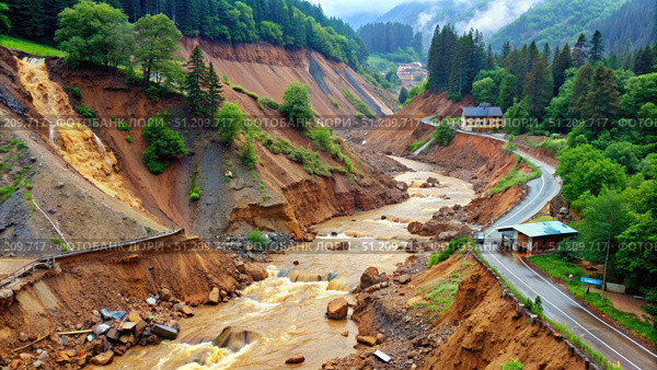 Landslide Damage Along A Winding Mountain Road. Generative AI. Стоковое AI-изображение, AI-художник Roman Zavorotny / Фотобанк Лори