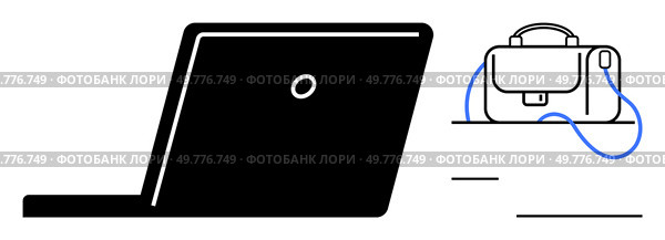 Laptop alongside a briefcase on a desk. Ideal for business presentations, office environments, work-from-home setups, corporate training, remote meetings, productivity tools, and digital workspaces. Professional Setup with Laptop and Briefcase on Desk, Ideal for Business Contexts. Стоковая иллюстрация, агентство Ingram Publishing / Фотобанк Лори