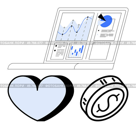 Laptop displaying graphs and charts, blue and black heart and coin symbols underneath. Ideal for business analytics, finance, statistics, report generation, data visualization, value representation. Data analysis on laptop screen with heart and coin illustrations representing metrics and value. Стоковая иллюстрация, агентство Ingram Publishing / Фотобанк Лори