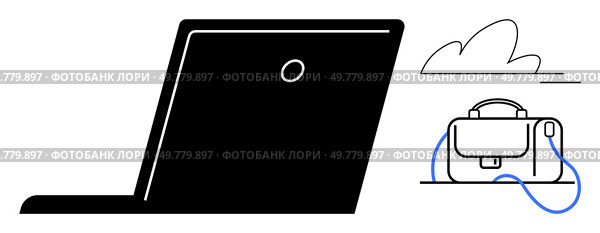 Laptop in use beside a briefcase and cloud. Ideal for remote work, business travel, digital nomad lifestyle, online meetings, flexible schedules, modern workspace, and productivity tools. Line. Work-from-Anywhere Concept with Laptop, Cloud, and Briefcase for Remote Job Opportunities. Стоковая иллюстрация, агентство Ingram Publishing / Фотобанк Лори