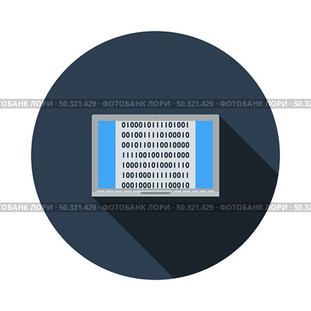 Laptop With Binary Code Icon. Flat Circle Stencil Design With Long Shadow. Vector Illustration. Стоковая иллюстрация, агентство Ingram Publishing / Фотобанк Лори
