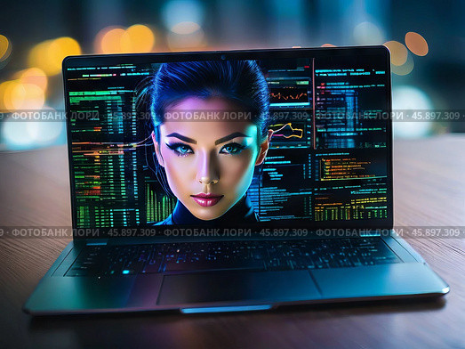 Laptop with the image of a girl, cyber technology concept. Стоковое AI-изображение, AI-художник Ульянов Александр / Фотобанк Лори