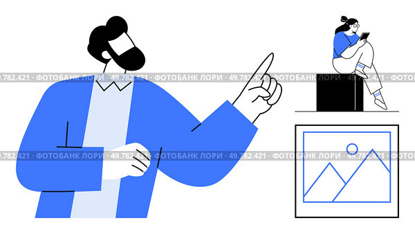 Large bearded person gestures, while a smaller person on a cube is engrossed with a phone and a framed picture of mountains and sun. Ideal for communication, technology, creativity, motivation. Large Person Gesturing to Engaged Smaller Person and Framed Picture with Mountains and Sun. Стоковая иллюстрация, агентство Ingram Publishing / Фотобанк Лори