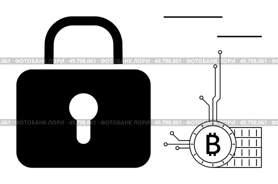 Large black lock symbol with Bitcoin symbol and blockchain concept beside it. Ideal for cryptocurrency security blockchain digital currency cryptography protection. Minimalist graphic design. Secure Bitcoin Cryptocurrency with Modern Lock and Blockchain Technology. Стоковая иллюстрация, агентство Ingram Publishing / Фотобанк Лори