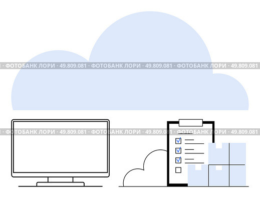 Large cloud above a computer monitor, a checklist on a clipboard, and stacked boxes. Ideal for cloud storage, data management, digital organization, virtual workspaces, inventory system, software. Cloud computing concept with monitor, checklist, and boxes showcasing data storage and organization. Стоковая иллюстрация, агентство Ingram Publishing / Фотобанк Лори