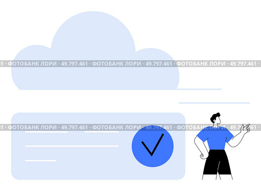Large cloud above, person pointing, blue checkmark in a rectangle. Ideal for cloud storage, data approval, online security, tech services, successful integration IT support digital workflows. Line. Person Gesturing Towards a Large Cloud with a Checkmark for Cloud Storage Approval. Стоковая иллюстрация, агентство Ingram Publishing / Фотобанк Лори