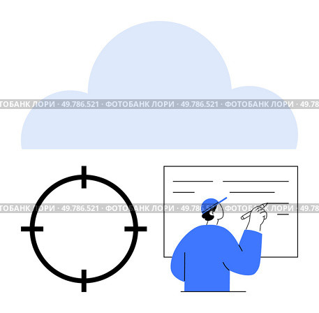 Large cloud icon above a target symbol and person pointing at data on a board. Ideal for data analysis, cloud computing, strategic planning, technology, presentations, business strategies. Cloud Technology and Targeted Approach Concept with Person Pointing at Data on Board. Стоковая иллюстрация, агентство Ingram Publishing / Фотобанк Лори