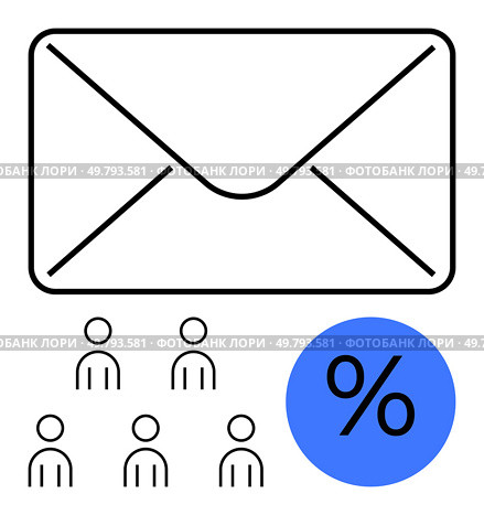 Large envelope, five user icons, blue circle with percentage sign. Ideal for email marketing, discount strategies, audience targeting, digital communication, promotional campaigns, newsletters. Email Marketing Campaign with Target Audience and Discount Symbol Icon. Стоковая иллюстрация, агентство Ingram Publishing / Фотобанк Лори