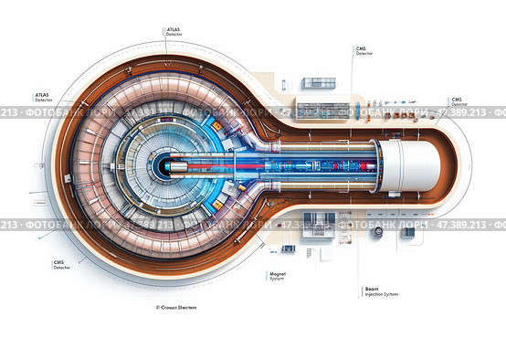 Large Hadron Collider scheme. Стоковое AI-изображение, AI-художник Михаил Коханчиков / Фотобанк Лори