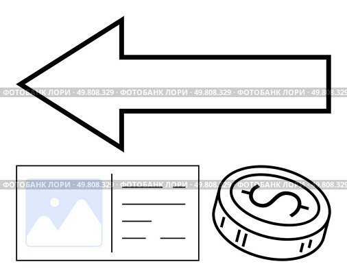Large left-pointing arrow with coin featuring dollar sign and identification card. Ideal for business navigation, financial guides, investment tools, online services, personal identification. Directional Arrow with Coin and ID Card Illustrating Navigation and Financial Concepts. Стоковая иллюстрация, агентство Ingram Publishing / Фотобанк Лори