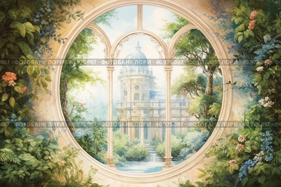 Large oval windows overlooked a garden with roses, watercolor style, Generative AI. Стоковое AI-изображение, AI-художник Анна Кривицкая / Фотобанк Лори