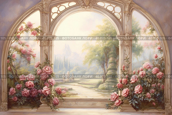 Large oval windows overlooked a garden with roses, watercolor style, Generative AI. Стоковое AI-изображение, AI-художник Анна Кривицкая / Фотобанк Лори