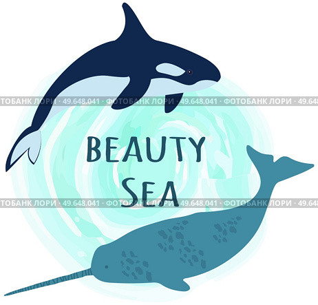 Large predatory marine mammals, whale, narwhal. Predatory animals living in ocean swimming around inscription. Wild animals, ocean mammals. Killer whale and narwhal in sea vector illustration. Predatory animals living in ocean swimming around inscription. Killer whale and narwhal in sea. Стоковая иллюстрация, агентство Ingram Publishing / Фотобанк Лори