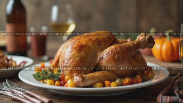 Large roasted turkey is on a white plate with a variety of vegetables. Стоковое AI-видео, аниматор Sergey Grishin / Фотобанк Лори