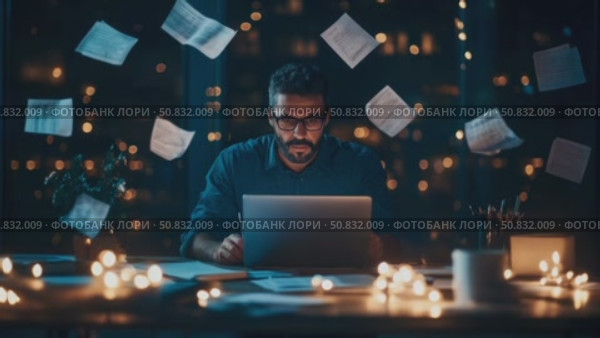 Late Night Hustle: Man at Laptop Surrounded by Flying Papers. Стоковое AI-видео, аниматор Данила Большаков / Фотобанк Лори