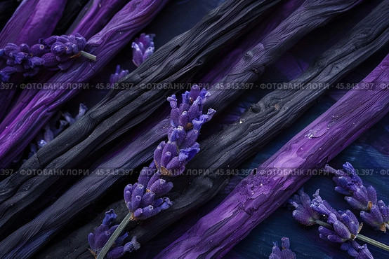 Lavender sprigs resting on colorful incense sticks, a calming aromatic scene. Стоковое AI-изображение, AI-художник Иван Рябоконь / Фотобанк Лори