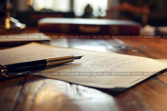 Lawyer reviewing last will and testament with fountain pen. Стоковое AI-изображение, AI-художник Иван Рябоконь / Фотобанк Лори