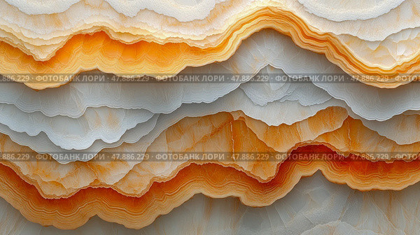 Layers of vibrant minerals create unique patterns, showcasing shades of orange and white in a captivating natural formation. Стоковое AI-изображение, AI-художник Данила Большаков / Фотобанк Лори