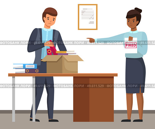 Layoff concept. Strict woman boss dismissed employee. Unhappy man leave the office with things in box. Unemployment dismissal of fellow workers. Crisis, jobless and employee job reduction concept. Layoff concept. Woman boss dismissed employee. Sad man leave the office with things in box. Стоковая иллюстрация, агентство Ingram Publishing / Фотобанк Лори