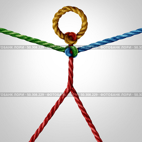 Leadership conection concept of team unity and teamwork as a business metaphor for joining a partnership as diverse ropes connected together as a corporate symbol for cooperation and working collaboration. Стоковое фото, агентство Ingram Publishing / Фотобанк Лори