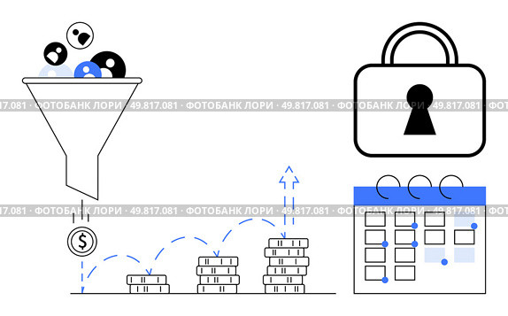 Leads enter funnel, transform into coins landing on stacked coins indicating growth. Padlock signifies security, calendar highlights scheduling, planning. Ideal for marketing, finance, security. Sales Funnel Filtering Leads into Revenue Stacks with Calendar and Security Lock. Стоковая иллюстрация, агентство Ingram Publishing / Фотобанк Лори