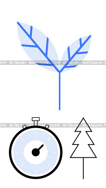 Leaf with blue veins, stopwatch with black outline, minimalistic tree. Ideal for environmental awareness, time management, nature conservation, sustainability, eco-friendly practices, efficiency. Energy Efficiency and Sustainability Representation with Leaf, Stopwatch, and Tree Symbols. Стоковая иллюстрация, агентство Ingram Publishing / Фотобанк Лори