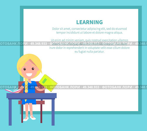 Learning Banner with Blonde Girl with Textbook. Learning banner with blonde girl with textbooks at school. Vector illustration of begginer on 1st of September, back to school concept. Стоковая иллюстрация, агентство Ingram Publishing / Фотобанк Лори