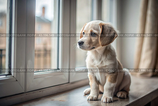Leaving the animal alone at home. A sad little puppy looks out the window and waits for its owner. Стоковое AI-изображение, AI-художник Photojuli / Фотобанк Лори